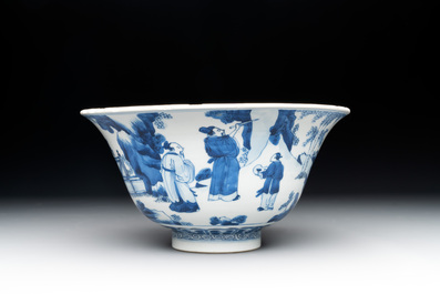 A large Chinese blue and white 'Zhu Lin Qi Xian 竹林七賢' bowl, Kangxi