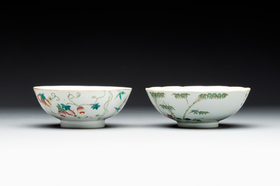 Two Chinese famille rose 'bamboo' and 'bitter gourd' bowls, Tongzhi mark and of the period