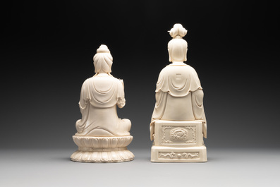 Two Chinese Dehua blanc de Chine sculptures of Guanyin, He Chaozong 何朝宗 marks, 20th C.