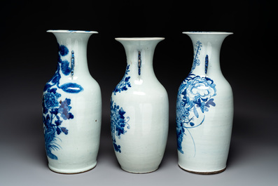 Three Chinese celadon-ground blue and white vases, 19th C.