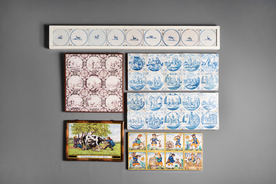A collection of 172 mounted blue, white, polychrome and manganese tiles, The Netherlands, Flanders and Spain, 17th C. and later