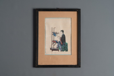 Ten frames with Chinese pith paper paintings depicting figures, Canton, 19th C.