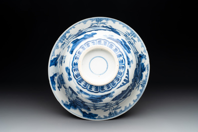 A large Chinese blue and white 'Zhu Lin Qi Xian 竹林七賢' bowl, Kangxi