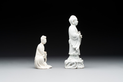 Two Chinese Dehua blanc de Chine figures of Guanyin and Shoulao and a pair of Buddhist lions, He Chaozong 何朝宗 mark, 18/19th C.