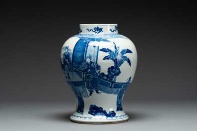 A Chinese blue and white vase with narrative design, 19th C.