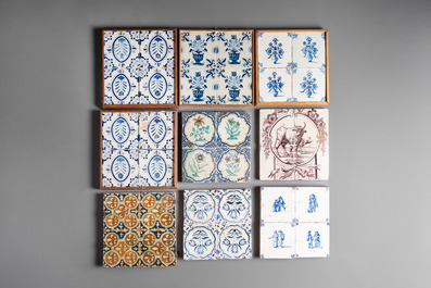 A collection of 172 mounted blue, white, polychrome and manganese tiles, The Netherlands, Flanders and Spain, 17th C. and later