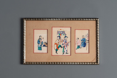 Ten frames with Chinese pith paper paintings depicting figures, Canton, 19th C.