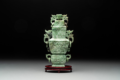 Three Chinese jade vases and covers, 20th C.