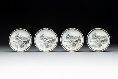 A set of four Chinese gilt-decorated grisaille 'landscape' cups and saucers, Yongzheng/Qianlong