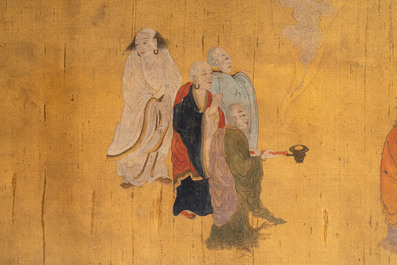 Chinese school: 'Immortals and monks', ink and colour on silk, Qing or later