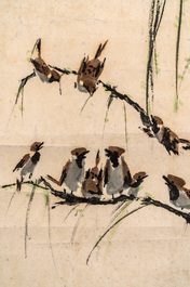 Chinese school: 'Calligraphy' and 'Sparrow', ink and colour on paper, 20th C.