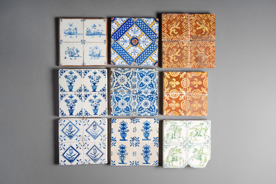 A collection of 172 mounted blue, white, polychrome and manganese tiles, The Netherlands, Flanders and Spain, 17th C. and later