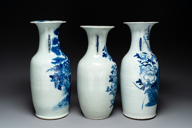 Three Chinese celadon-ground blue and white vases, 19th C.