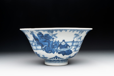 A large Chinese blue and white 'Zhu Lin Qi Xian 竹林七賢' bowl, Kangxi