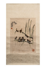 Chinese school: 'Calligraphy' and 'Sparrow', ink and colour on paper, 20th C.