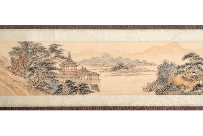 In the manner of Pu Xinyu 溥心畬 (1896-1963): 'Temple in the mountains', ink and colour on paper, with a hongmu wooden box