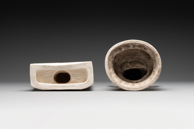 Two Chinese Dehua blanc de Chine sculptures of a Buddha and a Boddhisatva, He Chaozong 何朝宗 and Dehua 德化 marks, 20th C.