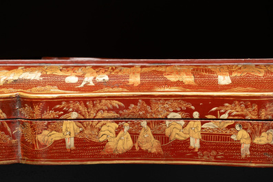 A large Chinese Canton gilt-lacquered garment box with landscape and figural design, 19th C.
