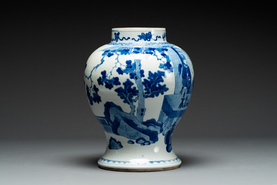 A Chinese blue and white vase with narrative design, 19th C.