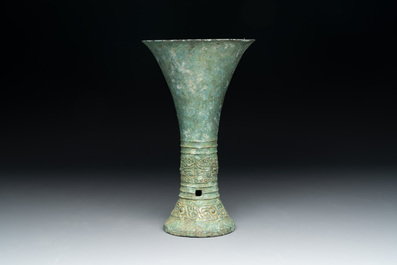 A Chinese archaic bronze ritual wine vessel, 'gu 觚', Shang