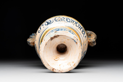 An Italian maiolica rope twist handle drug jar, probably Southern Italy, late 16th C.