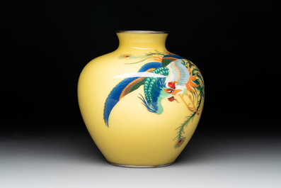 A Japanese yellow-ground cloisonn&eacute; 'phoenix' vase, Meiji/Taisho, 19/20th C.