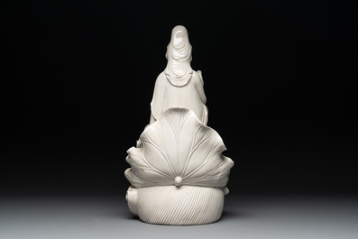 Three Chinese Dehua blanc de Chine figures of Guanyin and Weituo, He Chaozong 何朝宗 and Dehua 德化 mark, 20th C.