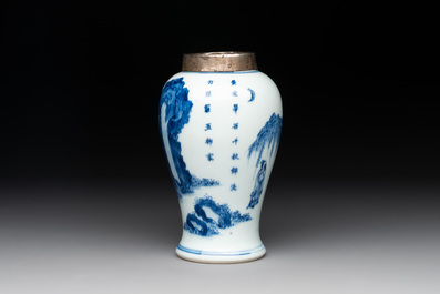 A Chinese silver-mounted blue and white vase, Qing Wan Ya Zhi 清玩雅製 mark, Kangxi