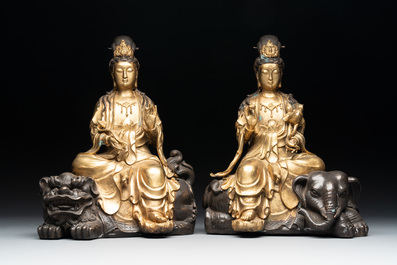 A Chinese parcel-gilt bronze Guanyin and a pair of Bodhisattvas, 20th C.