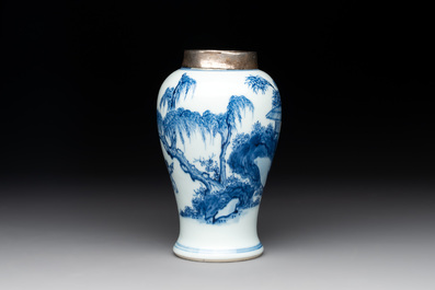 A Chinese silver-mounted blue and white vase, Qing Wan Ya Zhi 清玩雅製 mark, Kangxi