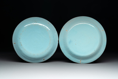 Three blue and white Delftware 'biblical subject' plates, Delft and Nurenberg, 18th C.