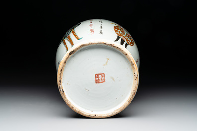 Three Chinese famille rose vases, one with cover, signed Wu Yu 吴玉, dated 1912