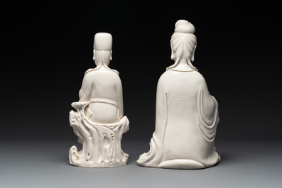 Three Chinese Dehua blanc de Chine figures of Guanyin and Wenchang, He Chaozong 何朝宗 and Dehua 德化 mark, 20th C.