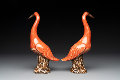 A pair of Chinese white-glazed Buddhist lions, a pair of doves and a pair of iron-red-decorated cranes, Ming and later