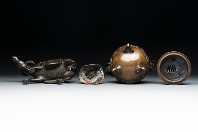 A Chinese 'Laozi on Buffalo' covered censer and a ding-form covered censer, Ming/Qing