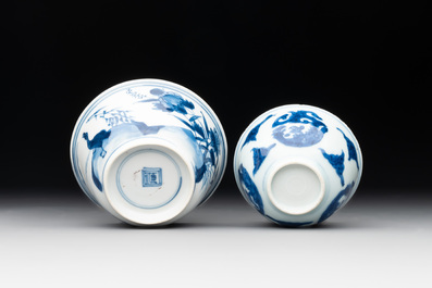 Two Chinese blue and white cups and saucers, Kangxi/Yongzheng