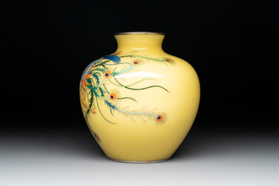 A Japanese yellow-ground cloisonn&eacute; 'phoenix' vase, Meiji/Taisho, 19/20th C.