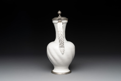 A pewter-mounted white Dutch Delftware jug, 17th C.