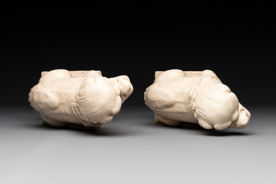 A pair of Chinese white-glazed Buddhist lions, a pair of doves and a pair of iron-red-decorated cranes, Ming and later