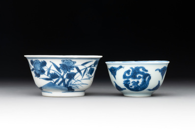 Two Chinese blue and white cups and saucers, Kangxi/Yongzheng