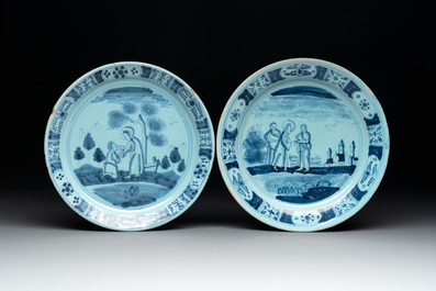 Three blue and white Delftware 'biblical subject' plates, Delft and Nurenberg, 18th C.