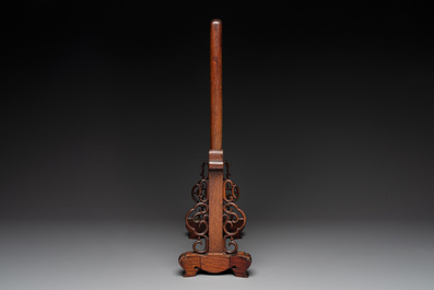 A Chinese wooden table screen with a famille rose plaque, Republic