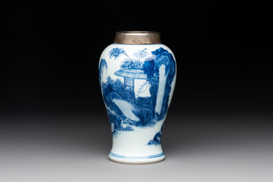 A Chinese silver-mounted blue and white vase, Qing Wan Ya Zhi 清玩雅製 mark, Kangxi