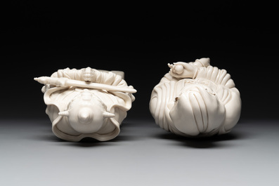 Three Chinese Dehua blanc de Chine figures of Guanyin and Weituo, He Chaozong 何朝宗 and Dehua 德化 mark, 20th C.