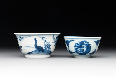 Two Chinese blue and white cups and saucers, Kangxi/Yongzheng