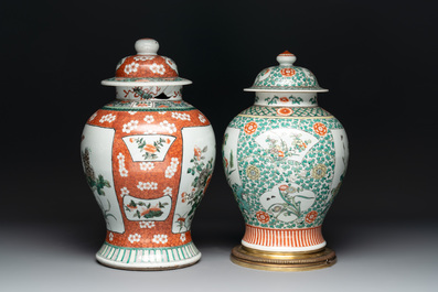 A Chinese famille verte vase and two covered vases, 19th C.