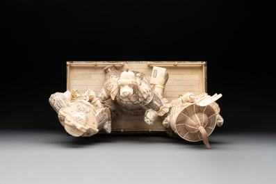 A Chinese bone-veneered group of Guandi and his attendents, 20th C.