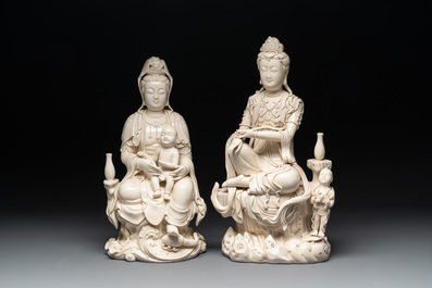 Three Chinese Dehua blanc de Chine groups of Guanyin with child, He Chaozong 何朝宗 marks, 20th C.