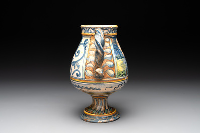 An Italian maiolica rope twist handle drug jar, probably Southern Italy, late 16th C.