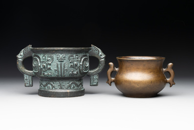 A Chinese bronze censer with Xuande mark and an archaistic vessel, 18/19th C.